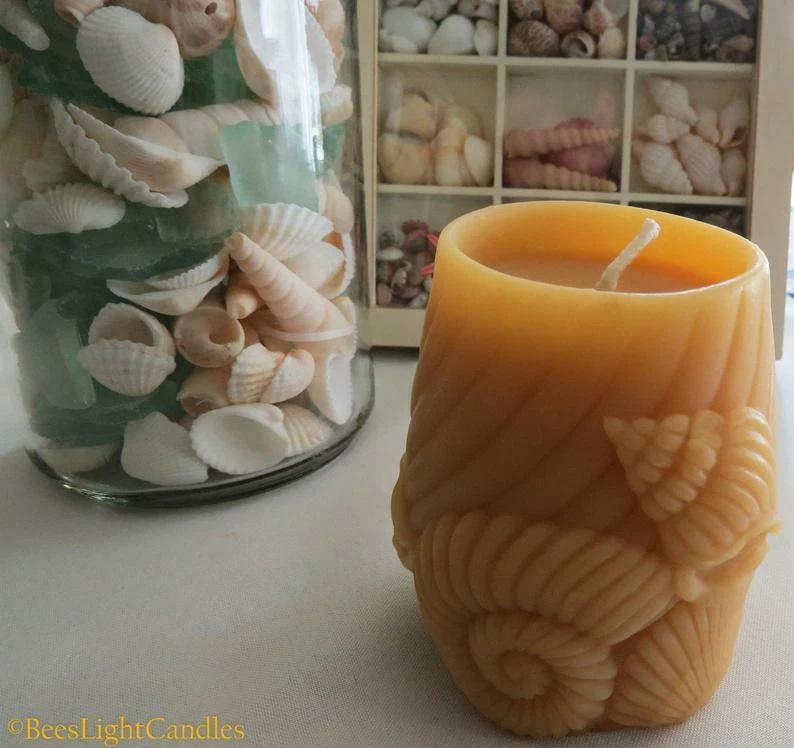 Sea Shell Beeswax Candle / 100% Natural Bees Wax Beach Ocean Shore Shells Pillar - Image 1 of 4