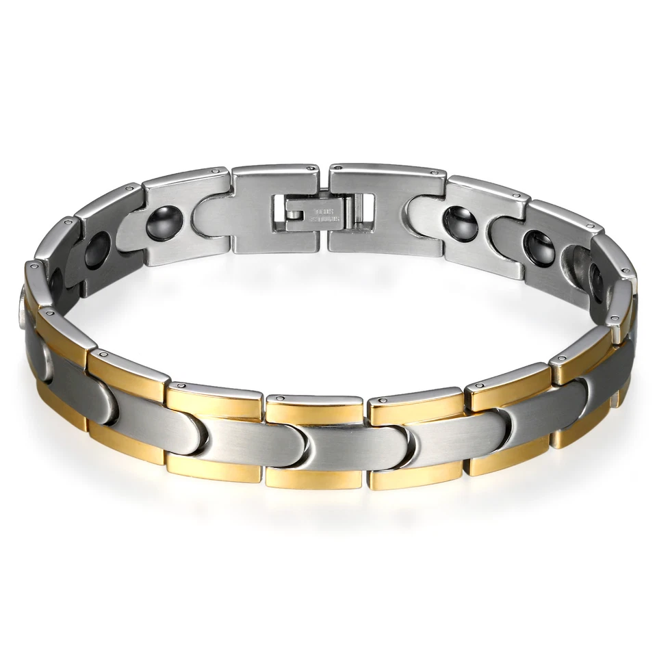 Cadena pulsera de terapia de poder de salud magnética de acero inoxidable dorado plateado para hombre Foto 1 de 4