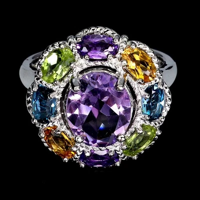 925 Sterling Silver Ring Oval Amethyst 10x8mm Citrine Topaz Gemstone Jewelry - Image 1 of 4