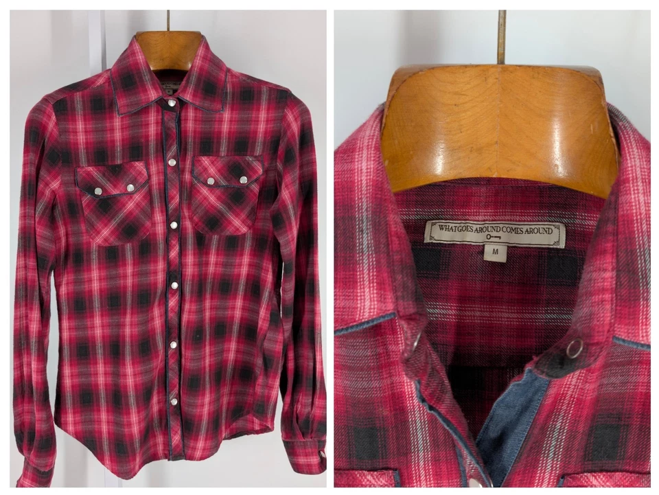 What Goes Around Comes Around 粉色红色法兰绒西部 Snap 衬衫 M 牛仔格子 — 第 1/4 张图片