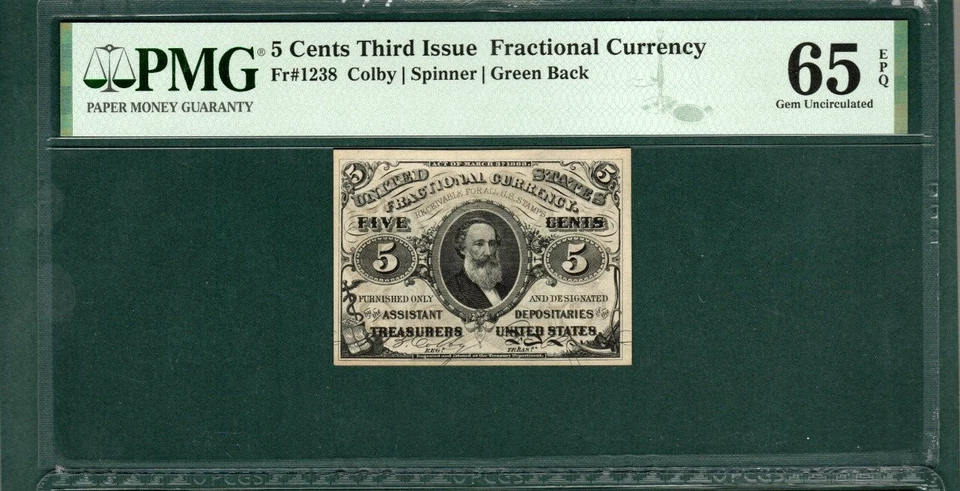FR 1238 5c 3rd Issue US FRACTIONAL CURRENCY  Graded PMG 65 EPQ Gem Unc - AD3 - Image 1 of 2