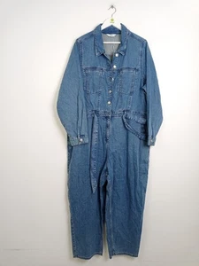 M&S Womens Cotton Denim Jumpsuit Size 24 Belted Long Sleeves Blue New F2 - Picture 1 of 10
