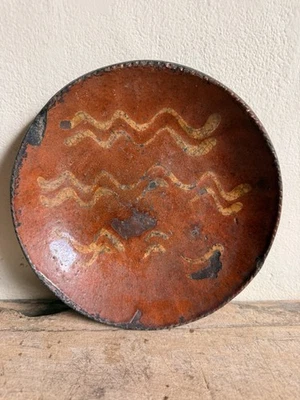 Antique Redware Plate Slip Decorated Coggle Edge Patina 19th C WORN Squiggle - Image 1 of 4
