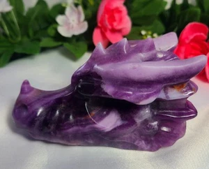 4 Zoll 343 g A+ Samt lila Fluorit Kristall Drachenkopf Schädel Schnitzerei Stein Statue - Bild 1 von 16