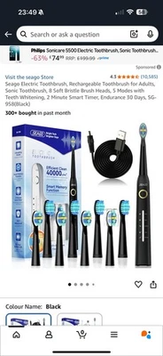 Seago Electric Toothbrush, Rechargeable Toothbrush for Adults, Sonic, 8 Soft Bri - Image 1 of 4