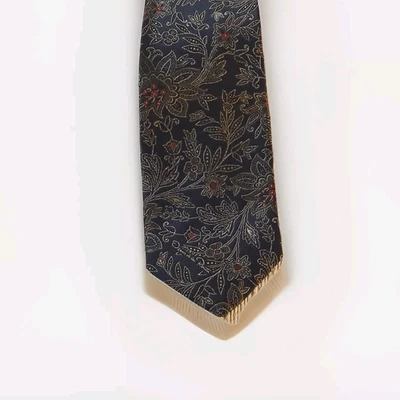 "Corbata de seda vintage Oscar de la Renta azul marino - patrón cachemir dorado azul 57"" clásica" Foto 1 de 4