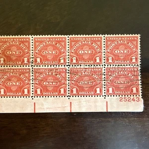 U.S. Stamp 1930, Scott #J87 $1.00 Postage Due, Plate Block of 8 Used - Picture 1 of 2