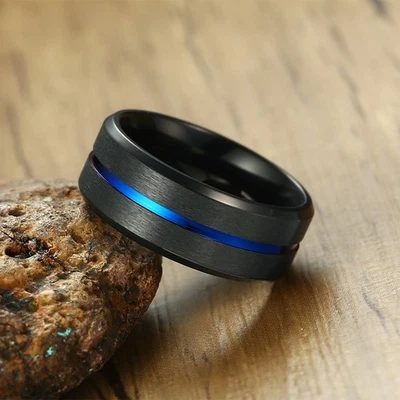 Мужское черное кольцо из нержавеющей стали 316 L с синей или золотой инкрустацией, 8 мм 7-13 размеров - Изображение 1 из 4