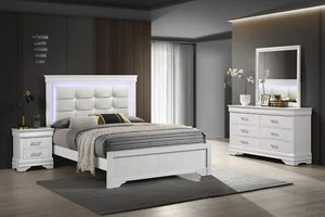 4pc Modern LED Light Twin Panel Upholstered Bed Wooden Bedroom Set White - Picture 1 of 9