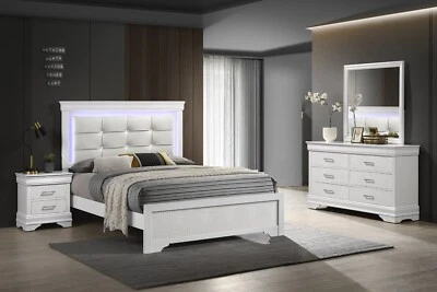 4pc Modern LED Light Twin Panel Upholstered Bed Wooden Bedroom Set White - Image 1 of 4