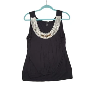 Alfani Beaded Scoop Neck Tank Top Blouse Sleeveless Womens Large Ebony Black - Picture 1 of 12