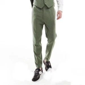 ASOS DESIGN Pantalone tuta uomo conico in lana a spina di pesce verde 32x30” - Foto 1 di 11