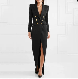 2020 Damen Designer Inspiriert Gelbgolden Knöpfe Maxi Blazer Stil Abendkleid - Bild 1 von 7
