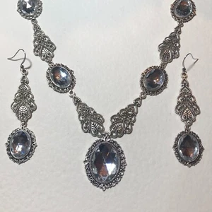 JUEGO DE COLLAR DE CRISTAL ACRÍLICO TRANSPARENTE DE FILIGRANA CON JOYAS ESTILO VICTORIANO PLATA P JSL - Imagen 1 de 11
