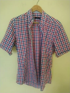 Saba Mens 100% Cotton Check Shirt Red Blue White Sz M Slim Taper Cut - Picture 1 of 12