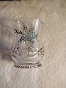 Vase Clear Etched Glass/ Candle Holder Scalloped Possibly Hand Painted Vintage - Picture 1 of 9
