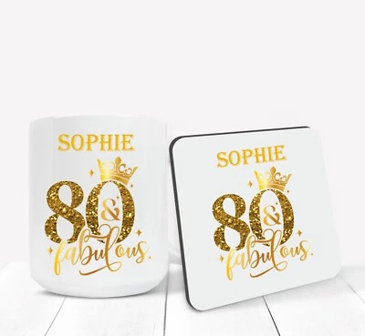 CLARELY'S PRINTING Personalised 80th Birthday Gift 80th Gold Mug, Coaster or Mug & Coaster Gift Set