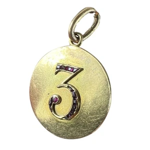 Lucky 'Number 3' Baguette Cut Ruby 18K Yellow Gold Good Luck Charm Pendant - Picture 1 of 14