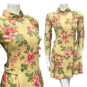 Vintage 60er Mod Gogo beige rosa grün Rose Blumen Trichter Plissee Etuikleid 8 - Bild 1 von 7