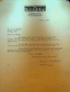 American Releasing Corporation Letterhead June 6 1922 Great Alone Silent Film - Picture 1 of 1