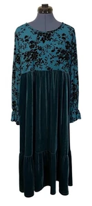 Suzanne Betro Blue Floral Velvet Empire Waist Midi Dress Dark Cottage Prairie L - Picture 1 of 13