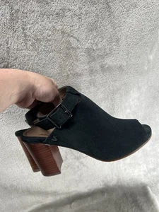 Vionic Women’s 8 Kaia Stacked Heel Sandals Black Suede Peep Toe Ankle Buckle - Picture 1 of 9
