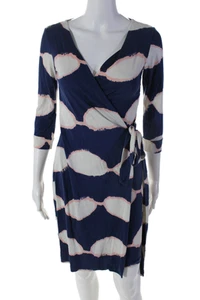Diane Von Furstenberg Womens 3/4 Sleeve V Neck Abstract Wrap Dress Blue White 2 - Picture 1 of 6