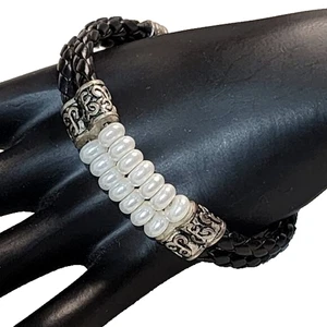 PARK LANE Vintage 70's Leather & Faux Pearls Bracelet - Picture 1 of 7