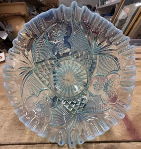 Vintage Dugan Glass Scheherazade Pattern Blue Opalescent Ruffled Brown Preowned - Picture 1 of 8