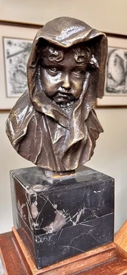 Signed Bronze Hooded Child Sculpture on Black Marble Base  (12” x 6”) Vintage - Image 1 of 4