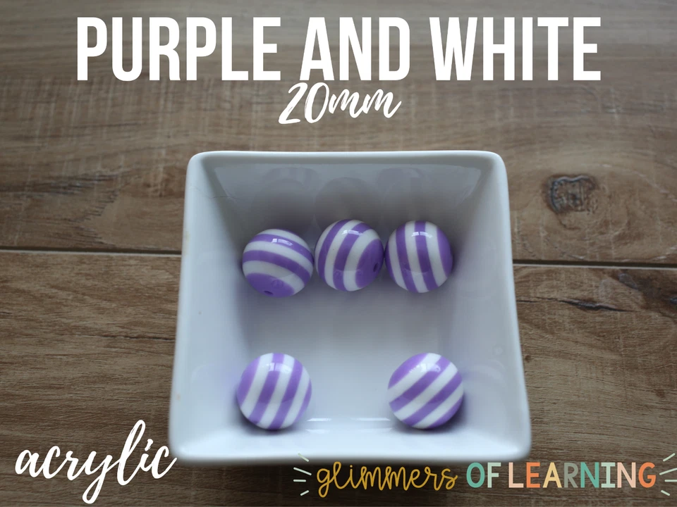 5 pcs Purple and White Striped Acrylic Bubblegum Beads 20mm - Image 1 of 1