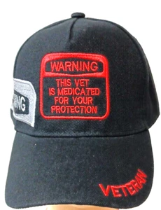 WARNING THIS VET IS MEDICATED FOR YOUR PROTECTION BLACK HAT MILITARY CAP - Imagen 1 de 4