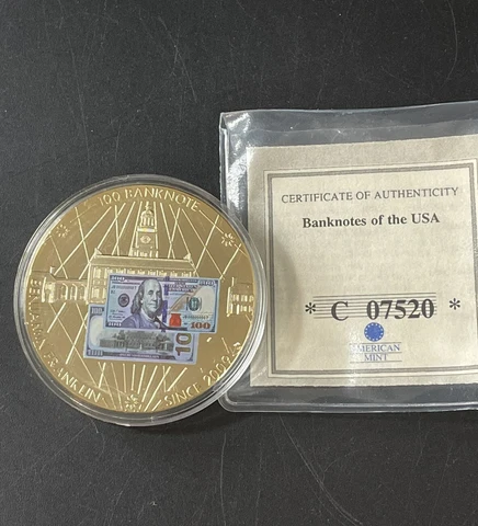 2009 Gold Colored Benjamin Franklin $100 Banknote Coin Token American Mint w COA Cover