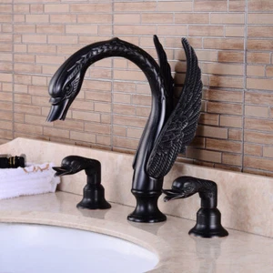 Öl eingerieben Bronze Schwan Bad Waschbecken Wasserhahn Set Doppelgriffe Messing Mischbatterie - Bild 1 von 4