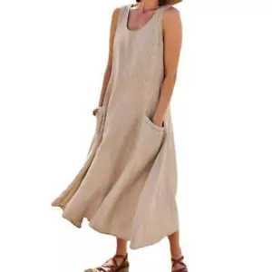 Ladies Casual Soft Cotton Linen Dress Solid Long Sleeveless Maxi Holiday Dresses - Picture 1 of 16