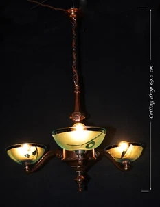 chandelier rare Edwardian C1910 bronze 3 swan neck arms original art deco shades - Picture 1 of 14
