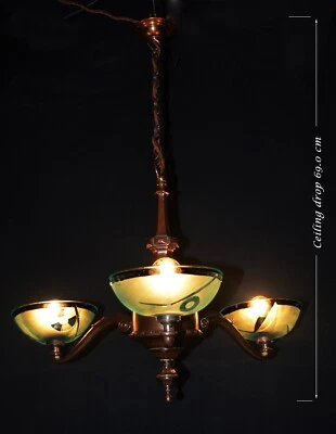 chandelier rare Edwardian C1910 bronze 3 swan neck arms original art deco shades - Image 1 of 4