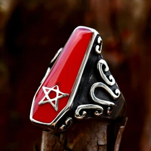 Red Enamel Satan Star Vampire Coffin Ring Stainless Steel Vintage Biker Men Ring - Picture 1 of 5