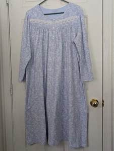 Eileen West L/S Nightgown Womens XL Blue Floral White Lace Trim Knit Stretch - Picture 1 of 10