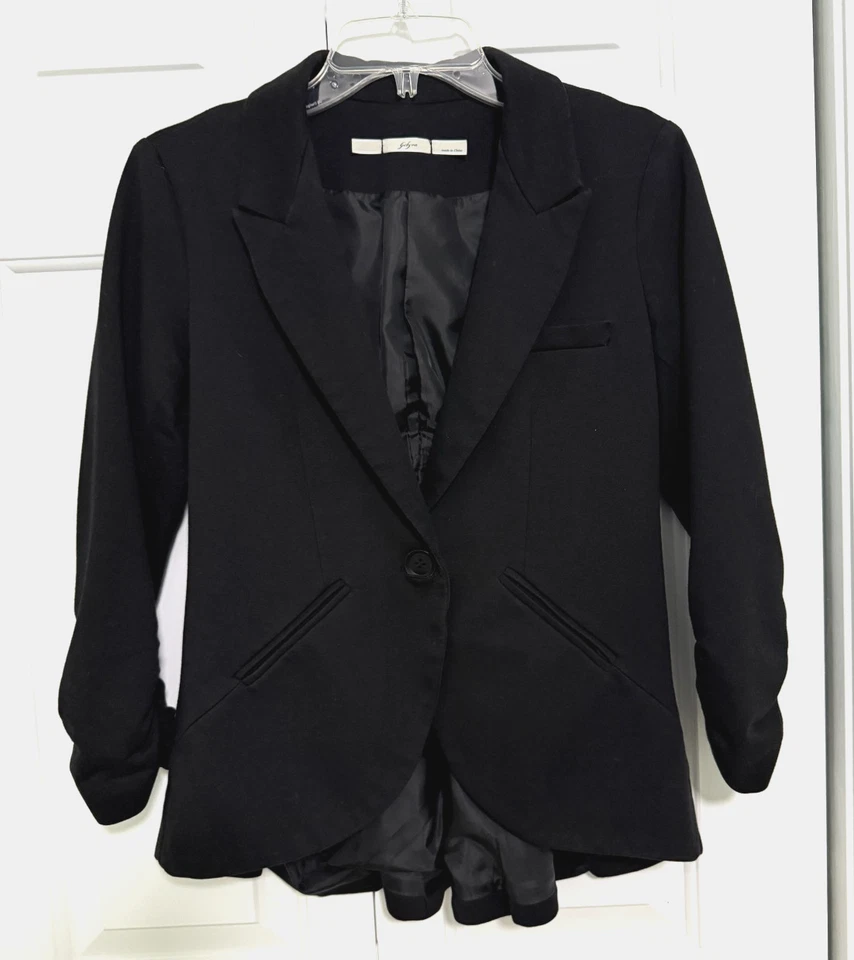 Blazer feminino Gibson preto manga franzida sólida botão único tamanho pequeno - Imagem 1 de 4