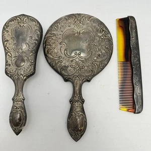 Juego de tocador vintage plateado con espejo, cepillo y peine - Imagen 1 de 7
