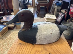 Antiguo señuelo de pato St Clair fondo de lona plano años 30 tallado a mano ojos de vidrio - Imagen 1 de 9