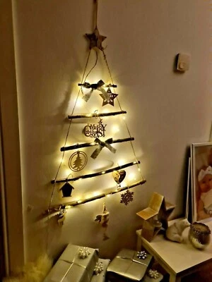 Large Wooden Christmas Tree Decoration 133cm Rope Ladder Rustic Wall Mount LED - Image 1 of 4