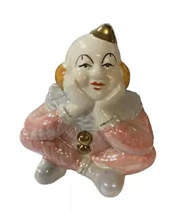 Vintage Lusterware Seated Ceramic Clown Figurine Pink and Blue - Picture 1 of 3