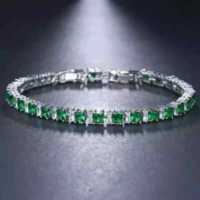 10Ct Princess Lab-Created Emerald Women's Tennis Bracelet 14k White Gold Plated - Image 1 of 4