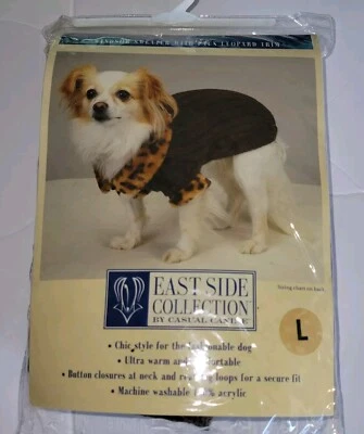 EASTSIDE COLLECTION Brown Dog Poly Knit Sweater Faux Fur Leopard Trim L NEW - Image 1 of 4