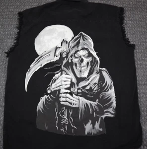 BikerWear USA Denim Sleeveless Button Down Shirt Mens Size 2XL Black Grim Reaper - Afbeelding 1 van 15