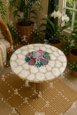 21" Round White Quartz Table with Colorful Agate Inlay | Gemstone Coffee Table - Imagem 1 de 4