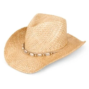 Fidra Unisex Natural Straw Cowboy Hat with Shell Band , one size fits all.