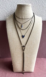Free People 5 Tiered Mixed Metal Boho Necklace with Blue Stone Accents 14" + 3" - Picture 1 of 7